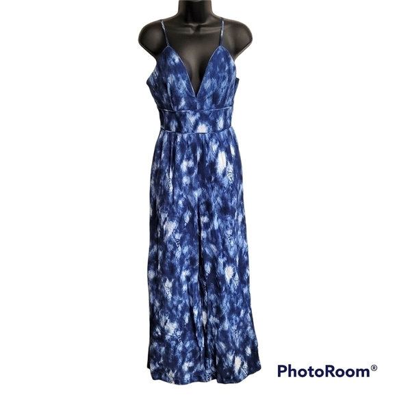 INC International Concepts Pants - INC Blue And White Tie Dye Wide Leg V-Neck Jumpsuit With Pockets Size Small